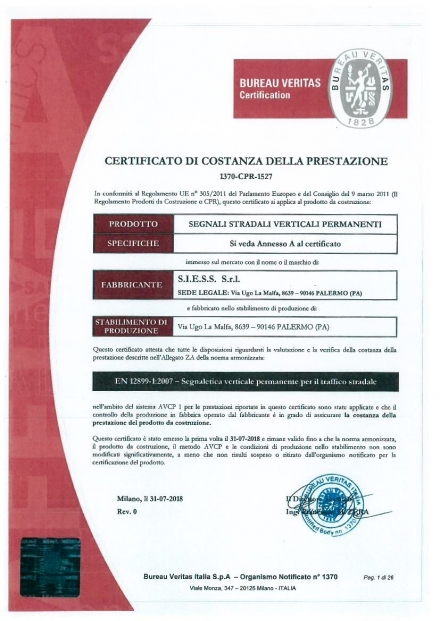 Certificato di costanza delle prestazioni - S.I.E.S.S. S.r.l. 