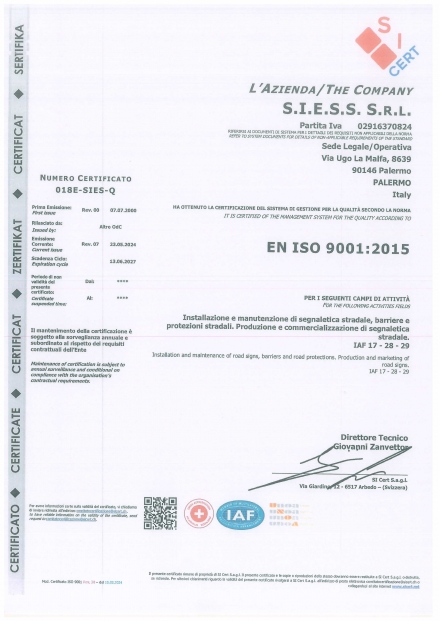 Certificazione EN ISO 9001:2015 - S.I.E.S.S. S.r.l. 