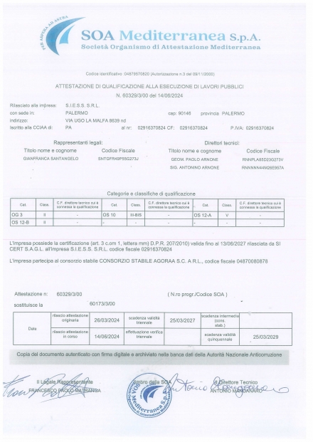 Attestazione di qualificazione alla esecuzione di lavori pubblici - S.I.E.S.S. S.r.l. 